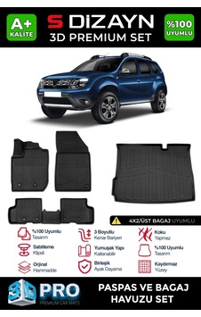 S-dizayn Dacia Duster 4x2 3d Pro Havuzlu Paspas Ve Üst Bagaj Havuzu Seti 2'li Set 2018-2022 A+ Kal