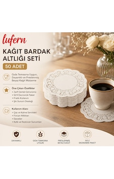 Dayanıklı Kağıt Bardak Altlığı Seti 50'li Paket Dantel Tasarımlı Kafe Restoran Çay Kahve Servis Beyaz Dayanıklı Kağıt Bardak Altlığı Seti 50'li Paket Dantel Tasarımlı Kafe Restoran Çay Kahve Servis Beyaz