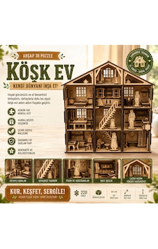 Köşk Ev Ahşap Maket Seti Dıy 3d Puzzle Çok Odalı Bebek Evi Koleksiyoner Modeli 220 Parça