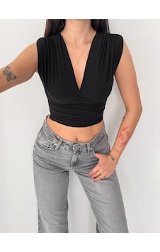 Tarzyeri Kadın Vatkalı Kolsuz V Yaka Drapeli Crop Bluz Likralı Fit - Siyah