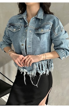 Nido Moda Püskül Detaylı Denim Crop Ceket Mavi Nido Moda Püskül Detaylı Denim Crop Ceket Mavi