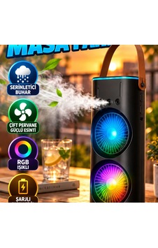 Çift Pervaneli Buharlı Masa Fanı Şarjlı, 3 Hız Ayarlı Ve Rgb Işıklı
