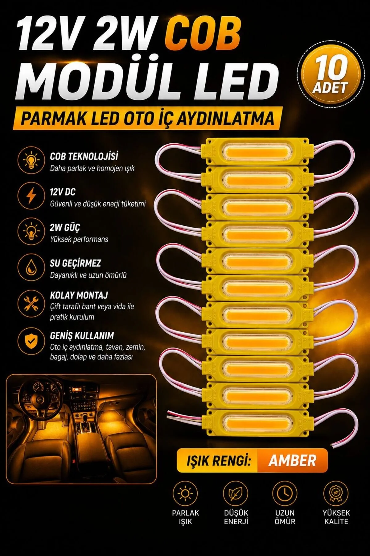 12v 2w Cob Modül Led Parmak Led Oto İç Aydınlatma Amber 12v 2w Cob Modül Led Parmak Led Oto İç Aydınlatma Amber