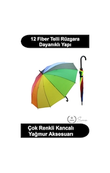 Svein Gökkuşağı Şemsiye 12 Fiber Telli Siyah Baston Saplı Rengarenk Geniş Koruma Alanlı Su İtici Kumaş Rüz Çok Renkli