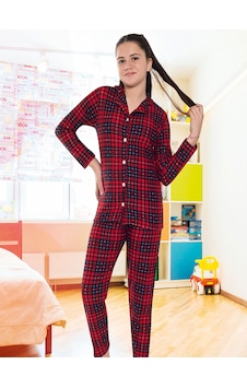 6591 Kız Çocuk Süet Kışlık Boydan Düğmeli Ekoseli Kalın Pijama Takımı Bordo