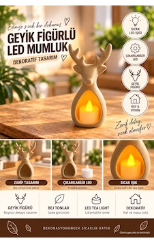 Geyik Figürlü Dekoratif Led Mumluk Bej, Çıkarılabilir Led Tea Light Geyik Figürlü Dekoratif Led Mumluk Bej, Çıkarılabilir Led Tea Light