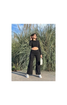 Luka Siyah Uzun Kollu Crop Ve Bol Paça Pantolon Kaşkorse Kumaş Alt Üst Takım Siyah - 786291102 Siyah Luka Siyah Uzun Kollu Crop Ve Bol Paça Pantolon Kaşkorse Kumaş Alt Üst Takım Siyah - 786291102 Siyah