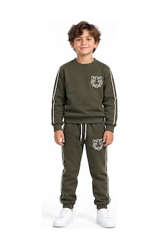 Rony Pony Kids Haki Kaplan Nakışlı 3 İplik Çocuk Eşofman Takımı Bisiklet Yaka Biyeli Sweatshirt Ve Jogger Alt Rony Pony Kids Haki Kaplan Nakışlı 3 İplik Çocuk Eşofman Takımı Bisiklet Yaka Biyeli Sweatshirt Ve Jogger Alt