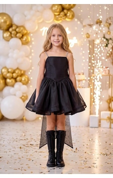 Butik Happy Kids Kız Çocuk Prenses Abiye Elbise Büyük Kurdele Detaylı Zarif Tasarım Çocuk Abiye Elbise 6-13 Yaş Siyah