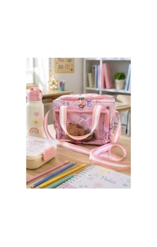 Çocuk Termal Okul Beslenme Çantası Şeffaf Cepli Peluş Aksesuarlı Omuz Askılı Lunch Bag Pembe
