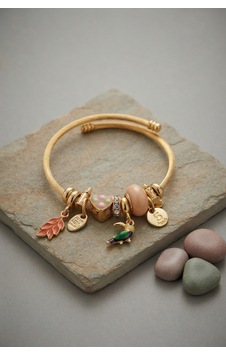 Kuş Figürlü Charmlı Gold Renk Bileklik Kahverengi