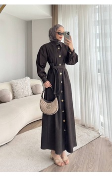 Meecy Gold Düğmeli Denim Tesettür Elbise Siyah Siyah