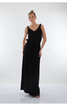 Unique Mode V Yaka Oversize Maxi Elbise - Minimalist Stil Siyah Unique Mode V Yaka Oversize Maxi Elbise - Minimalist Stil Siyah