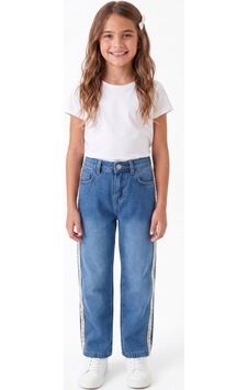 Onloox Kız Çocuk Mavi Kız Çocuk Mavi Pamuklu Denim Boru Paça Regular Kalıp Yanları Güpürlü Jean Pantolon 3-7 Yaş