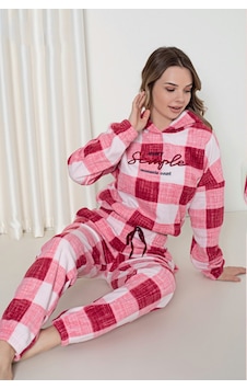 Wordex Mirano 3251 İnterlok Şardonlu Spor Kapüşonlu Kışlık Kadın Eşofman Pijama Takım Kırmızı