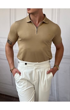 Modefendi Yüksek Kalite Polo Yaka Fermuarlı Tshirt Bej Modefendi Yüksek Kalite Polo Yaka Fermuarlı Tshirt Bej