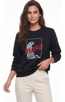 Onloox Kadın Siyah Siyah Pamuklu Bisiklet Yaka Uzun Kollu Leopar Baskılı Detaylı Sweatshirt T-shirt Onloox Kadın Siyah Siyah Pamuklu Bisiklet Yaka Uzun Kollu Leopar Baskılı Detaylı Sweatshirt T-shirt