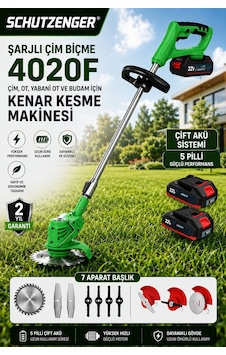 Schutzenger 4020F Şarjlı Ot Çim Biçme Kenar Kesme Makinesi 5 Pilli 2 Batarya 7 Başlıklı Şarjlı Tırpan Yeşil Schutzenger 4020F Şarjlı Ot Çim Biçme Kenar Kesme Makinesi 5 Pilli 2 Batarya 7 Başlıklı Şarjlı Tırpan Yeşil