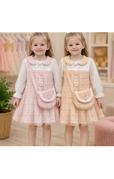 Candar Tül Kollu Çantalı Çocuk Elbisesi 1-2-3 Yaş Pembe