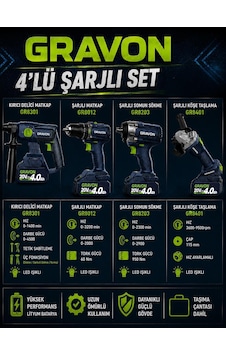 Gravon Şarlı 4'lü Set 20v 4ah Kırıcı Delici Matkap-matkap-somun Sökme-köşe Taşlama Gravon Şarlı 4'lü Set 20v 4ah Kırıcı Delici Matkap-matkap-somun Sökme-köşe Taşlama