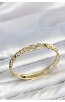 Gold Renk Pirinç Yonca Model Zirkon Taşlı Kadın Kelepçe Bileklik Çok Renkli Gold Renk Pirinç Yonca Model Zirkon Taşlı Kadın Kelepçe Bileklik Çok Renkli