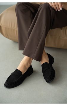 Selin Shoes Lurein Büzgülü Hafif Kalın Topuk Kadın Loafer- Siyah Süet