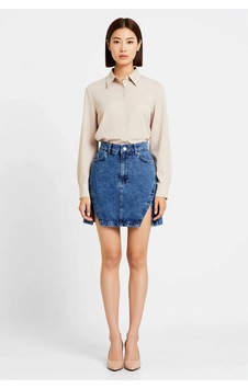 Benerly Kadın Mini Denim Etek Yüksek Bel A-line Kesim Yırtmaçlı Detaylı % Mavi