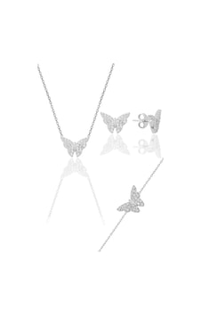 Gümüş Rodyumlu Zirkon Taşlı Kelebek Kolye Küpe Ve Bileklik Üçlü Set Gümüş Rodyumlu Zirkon Taşlı Kelebek Kolye Küpe Ve Bileklik Üçlü Set