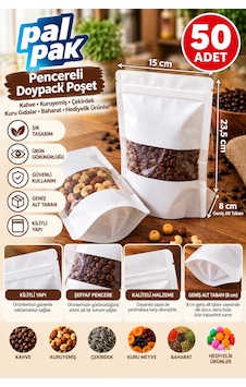 Pencereli Kilitli Poşet Kahve, Kuruyemiş Ve Gıda Ambalajı 15x23,5+8 Cm 50 Adet Pencereli Kilitli Poşet Kahve, Kuruyemiş Ve Gıda Ambalajı 15x23,5+8 Cm 50 Adet
