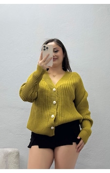 Belendir Kadın Düğmeli Triko Hırka Yağyeşili Yeşil