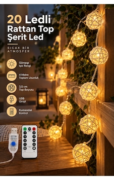 Deconitte 20 Rattan Top Şerit Led 4metre Usb Kumandalı Yılbaşı Parti Organizasyon Ev Dekorasyon Işığı Aydınlatma Deconitte 20 Rattan Top Şerit Led 4metre Usb Kumandalı Yılbaşı Parti Organizasyon Ev Dekorasyon Işığı Aydınlatma