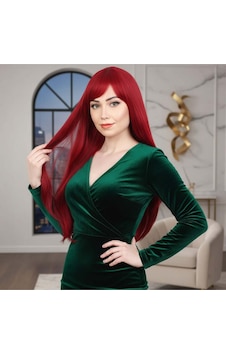Fiber Sen Uzun Düz Kahküllü Peruk / Kızıl Çok Renkli Fiber Sen Uzun Düz Kahküllü Peruk / Kızıl Çok Renkli