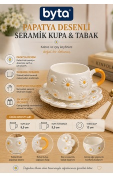 Papatya Desenli Seramik Tabaklı Kupa Bardak Kabartmalı El Yapımı Görünümlü Kahve Ve Çay Fincanı Seti Beyaz Papatya Desenli Seramik Tabaklı Kupa Bardak Kabartmalı El Yapımı Görünümlü Kahve Ve Çay Fincanı Seti Beyaz