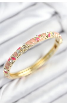 Mineli Pirinç Zirkon Taşlı Pembe Çiçek Motifli Gold Kadın Kelepçe - Tj-bb7818 Çok Renkli