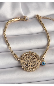316l Çelik Gold Renk Burgu Zincir Model Dorika Yaşam Ağacı Figür Nazar Boncuk Detay Kadın Bileklik Diğer