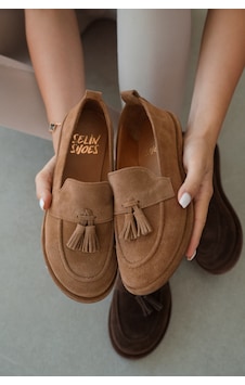 Selin Shoes Belluno Hakiki Deri Püsküllü Kadın Loafer- Taba Süet