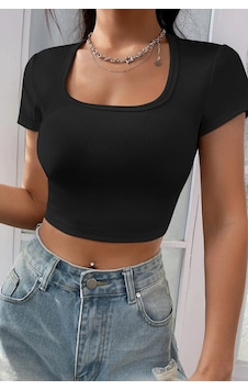 I-moda Kadın Siyah Yarım Kol Düz Yaka Crop Top Bluz I-moda Kadın Siyah Yarım Kol Düz Yaka Crop Top Bluz