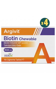 Argivit Biotin Chewable B7 Vitamini İçeren Takviye Edici Gıda 60 Çiğneme Tableti 4 Adet Argivit Biotin Chewable B7 Vitamini İçeren Takviye Edici Gıda 60 Çiğneme Tableti 4 Adet