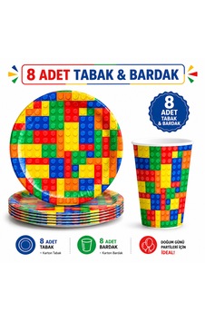 Blok Temalı Doğum Günü Karton Tabak Bardak Seti 16 Parça 8 Adet Tabak + 8 Adet Bardak Çocuk Parti Malzemeleri