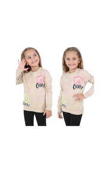 İrem Çocuk Giyim Kız Çocuk Ayıcık Ve Yazı Desenli Bej Renk Şardonlu Sweatshirt Bej