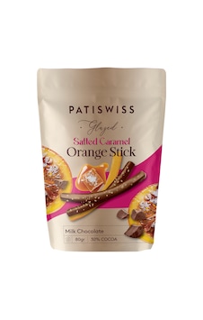 Tuzlu Karamel Parçacıklı Sütlü Çikolata Kaplı Portakal Çubuğu, 80g Tuzlu Karamel Parçacıklı Sütlü Çikolata Kaplı Portakal Çubuğu, 80g