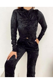 Büzgülü Kadife Crop Bluz- Siyah Renk-386 Siyah