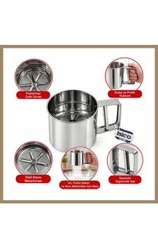 Kahveci.store Metal Pratik Çevirmeli Un Eleği 22 Çok Renkli