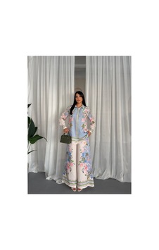 Wellway İthal Babel Kumaş Çiçekli Tunik Gömlek & Pantolon 2li Takım-pembe -26107 Pembe