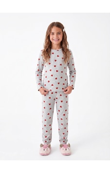 Onloox Kız Çocuk Açık Gri Melanj Kız Çocuk Açık Gri Melanj Penye Bisiklet Yaka Uzun Kollu Kalp Desenli Pijama Takımı 4-8 Yaş