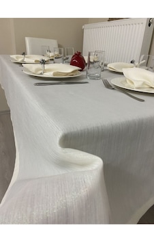 Keten Görünümlü Simli Masa Örtüsü Bej 25 Parça Set