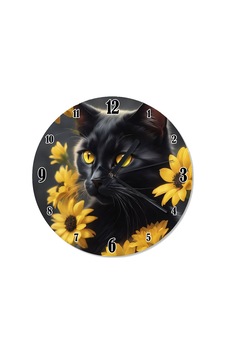 Kara Kedi Ve Sarı Çiçekler Dekoratif Duvar Saati Ahşap Kara Kedi Ve Sarı Çiçekler Dekoratif Duvar Saati Ahşap