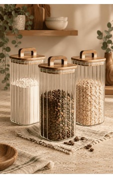 Atbyhome 3'lü Kulplu Akasya Ahşap Kapaklı Çizgili Cam Kavanoz Seti 1850 Ml - Vakumlu Kare Spagetti Erzak Kabı