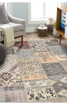 Patchwork Desenli Pamuk Taban Dijital Baskılı Yıkanabilir Halı Bej