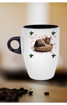 Yeni Yıl Uykucu Kedi Baskılı Kupa Bardak Porselen Latte Filtre Kahve Fincanı Siyah